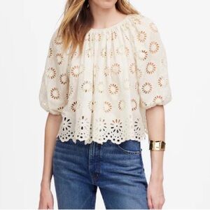 NWT Madewell Embroidered Shirred Puff-Sleeve Top Ivory Blouse Size XXS